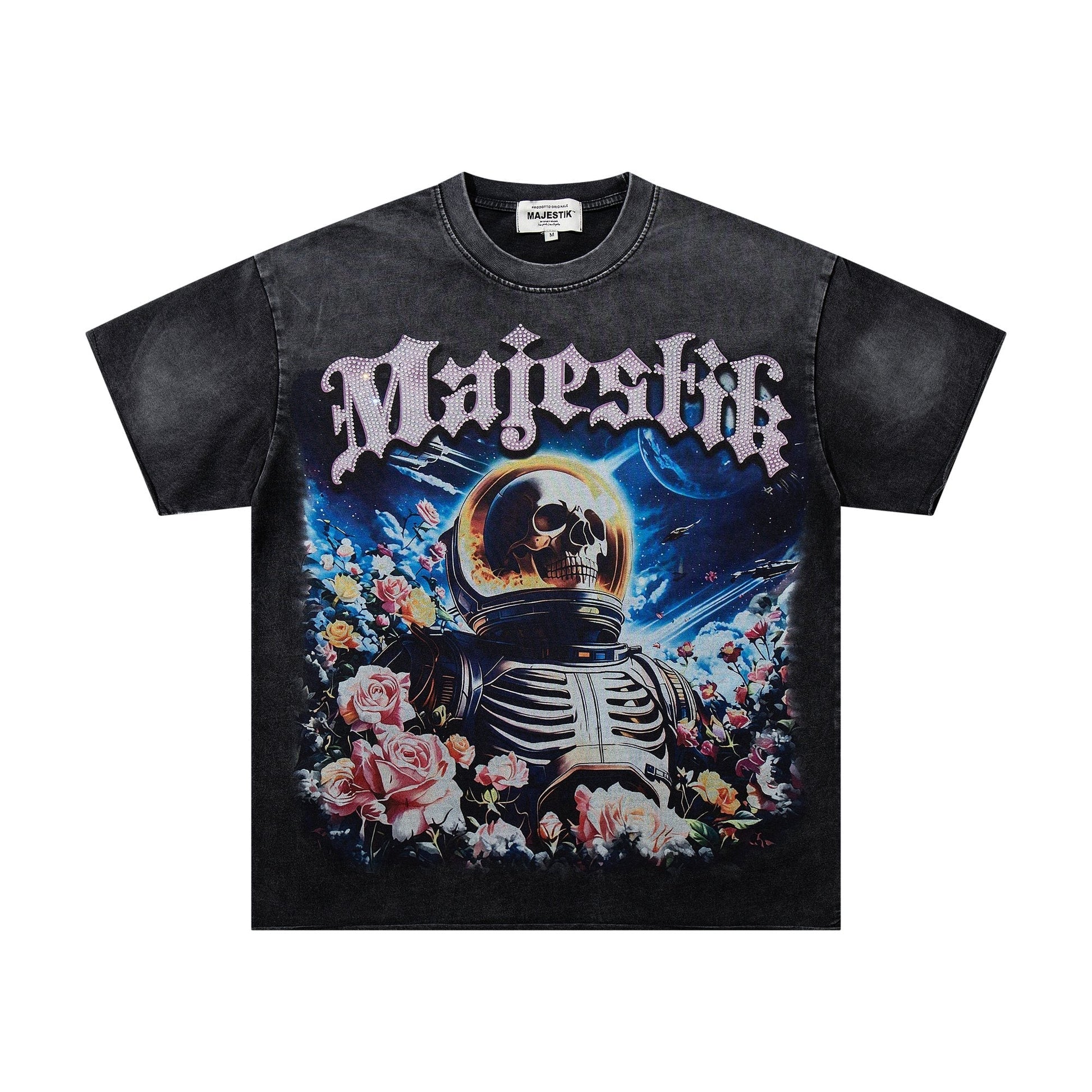 MAJESTIK Washed Black Astronaut Rose Graphic T-Shirt ¡ª hero