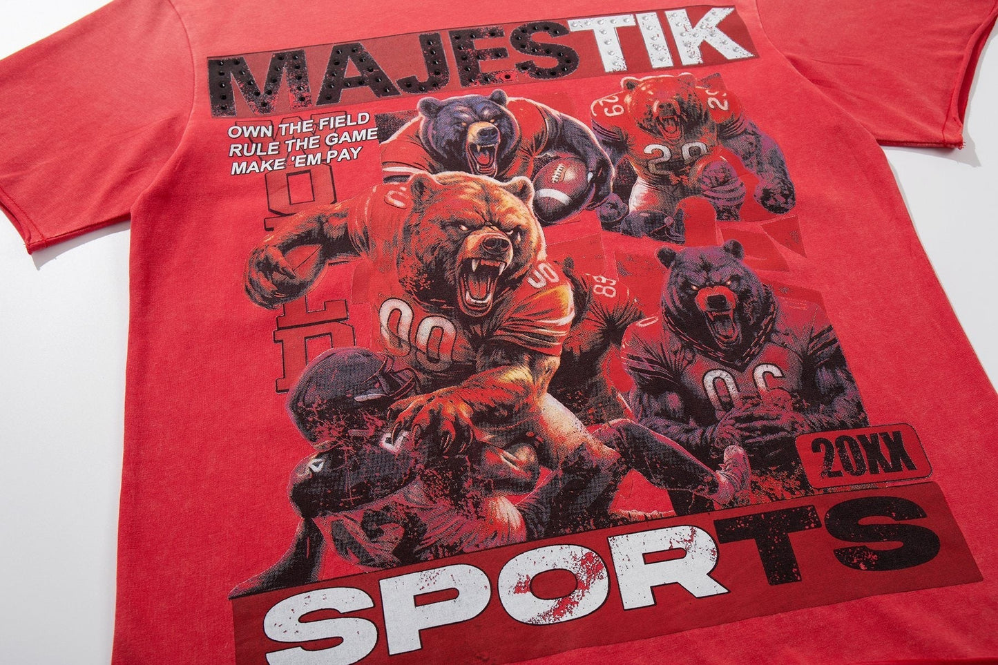 MAJESTIK Red Rhinestone Sports Graphic T-Shirt ¡ª detail