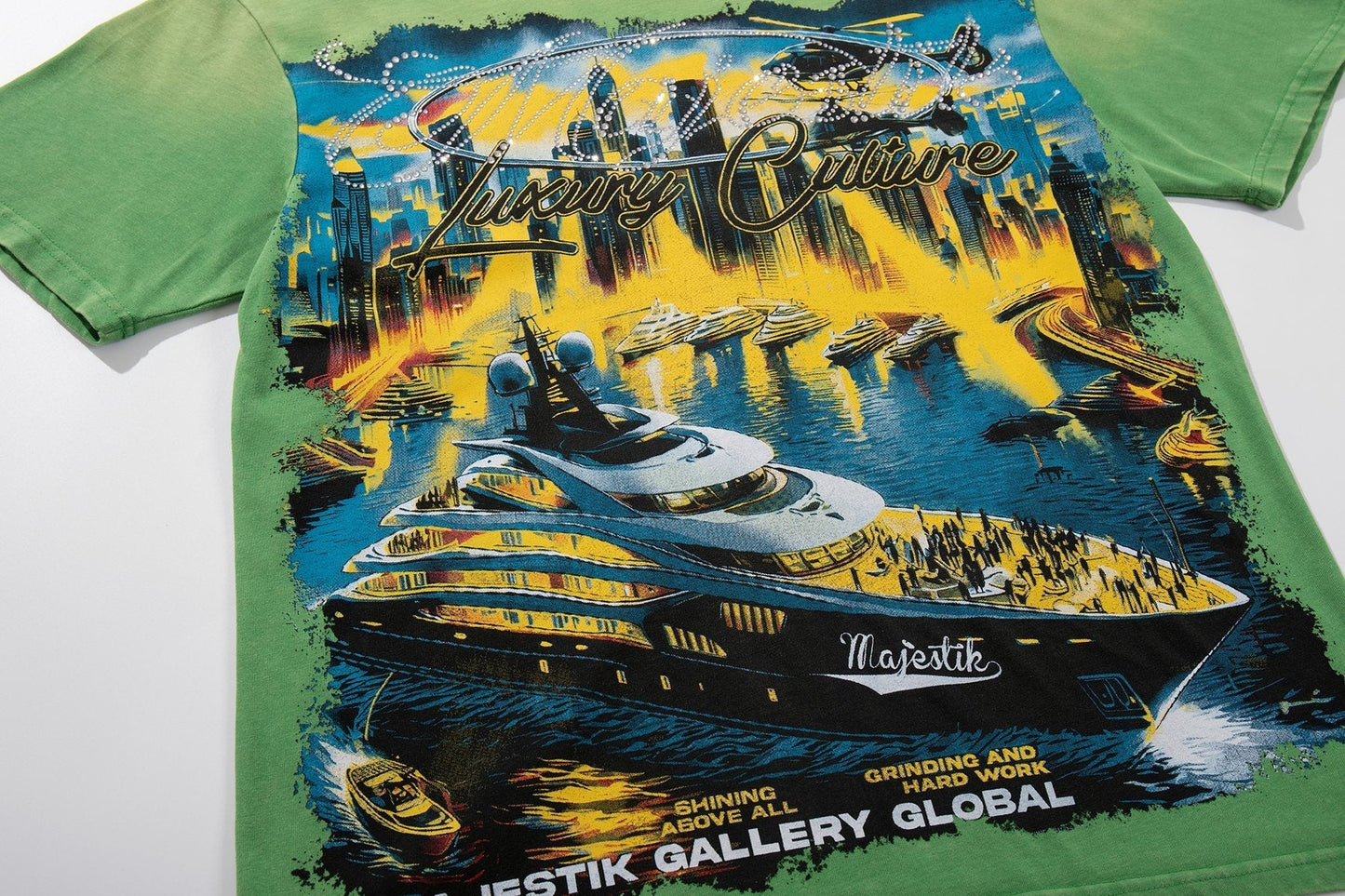 MAJESTIK Green Distressed Tour Graphic T-Shirt ¡ª detail
