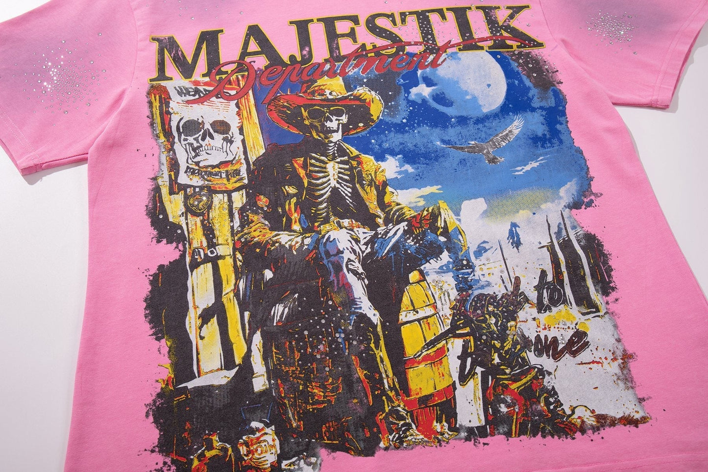 MAJESTIK Pink Rhinestone Distressed Graphic T-Shirt ¡ª front