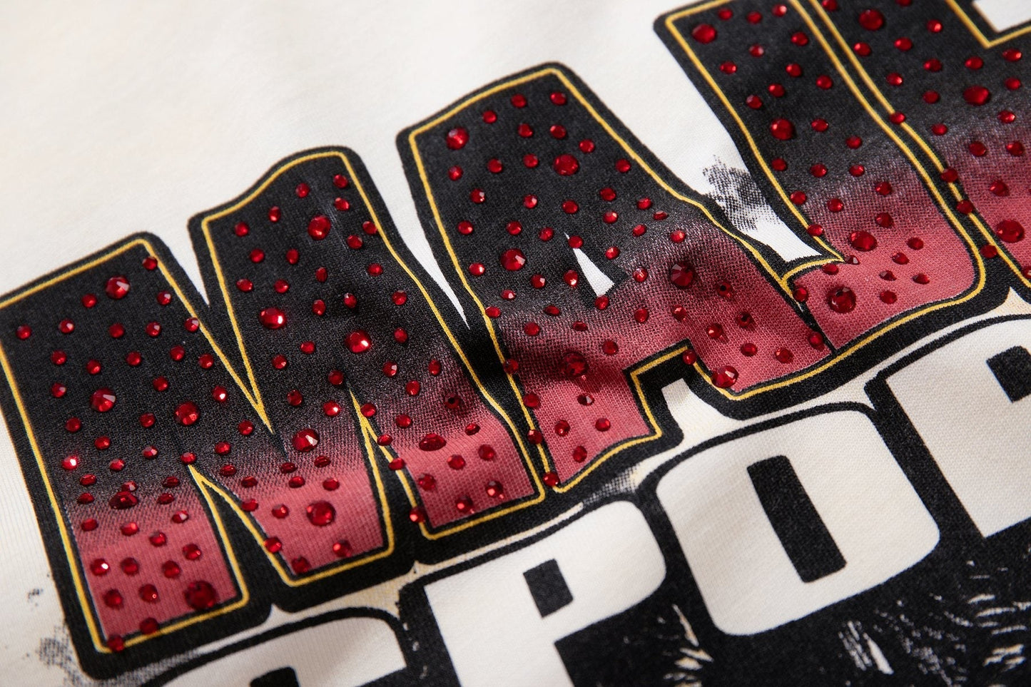 MAJESTIK Cream Distressed Rhinestone Sleeveless T-Shirt ¡ª detail